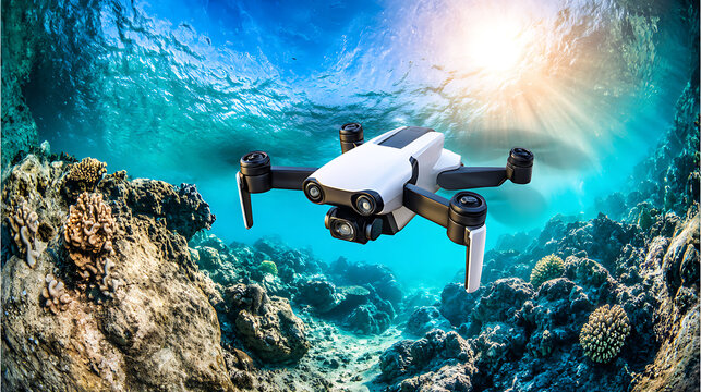 Underwater drone exploring a vibrant coral reef with sunlight filtering through the water