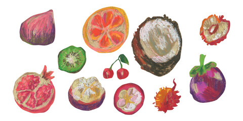 Minimalist tropical fruit clip art illustrations created with wax crayons and oil pastels.A botanical food set on a white background with hand-drawn texture,ideal for modern prints and invitations.