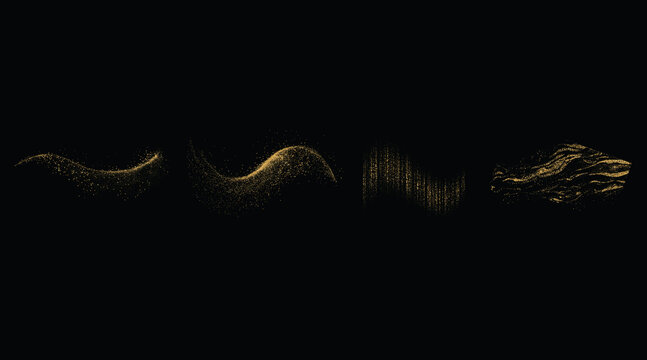 Abstract glowing golden liquid splashes and waves against a dark black background