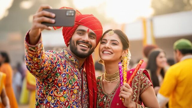 A couple dressed in vibrant traditional Gujarati attire enjoys a festive outdoor celebration, taking a cheerful selfie