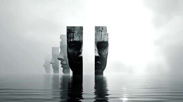 Abstract man and woman faces emerging from water, with a shifting light source. Concept of self-reflection and illusion footage.