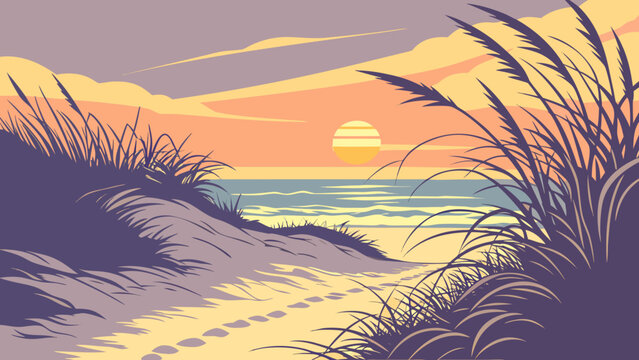 Stylized sunset over the ocean with beach grass and footprints