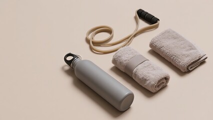 A water bottle, two towels, and a jump rope are placed on a light-colored surface, ready for a workout session. This setup suggests preparation for fitness activities and promotes a healthy lifestyle