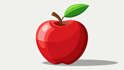 A shiny red apple with a green leaf and stem