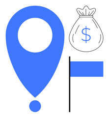 Blue location pin, flag, and money bag with dollar sign represent finance, goals, investment, achievement, profit, planning and accomplishment. Ideal for business growth savings navigation