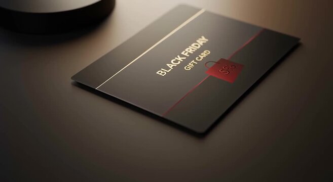 A close up of a black friday gift card with a red shopping bag design and gold lettering on a table
