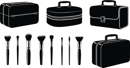 Makeup brush set, cosmetic storage cases, professional beauty organizer boxes, travel vanity bags, fashion accessories, vector illustration © PixelsWorld