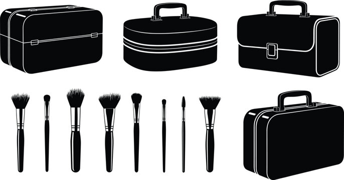Makeup brush set, cosmetic storage cases, professional beauty organizer boxes, travel vanity bags, fashion accessories, vector illustration