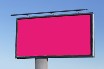 Empty billboard with pink background. Outdoor advertising space for message. Promotional marketing board mockup. Large rectangular panel on pole. Urban street commercial advertisement display.