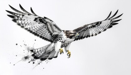 A striking graphic illustration of a hawk in flight, with a unique dissolving effect at the tail.