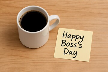 A Coffee Companion and Boss's Day Note: A ceramic mug brimming with rich, dark coffee stands next to a yellow sticky note that conveys a heartfelt message.