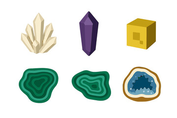 Colorful collection of mineral formations displayed on a white background in an artistic arrangement