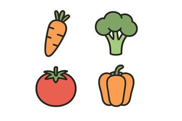 Colorful vegetables including carrot, broccoli, tomato, and bell pepper arranged on a plain background