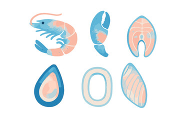 Colorful illustrations of various seafood items displayed on a white background, showcasing their unique shapes and textures