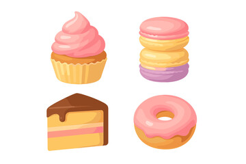 Colorful dessert collection featuring cupcake, macarons, cake slice, and donut on a white background
