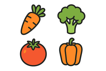 Colorful cartoon vegetables including carrot, broccoli, tomato, and bell pepper arranged in a playful style