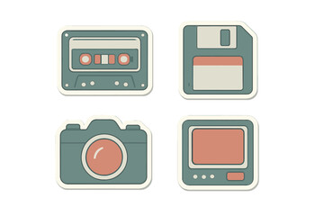 Collection of retro technology icons including cassette tape, floppy disk, camera, and monitor from the 1980s and 1990s