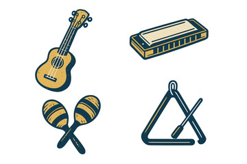 Musical instruments include ukulele, harmonica, maracas, and triangle with simple design and bold colors on white background