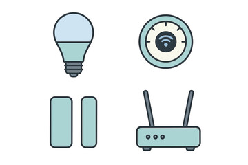 Smart home devices including a light bulb, a thermostat, a pause button, and a router showcased in modern design