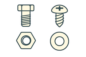 Various types of fasteners including bolts, screws, nuts, and washers displayed on a simple background