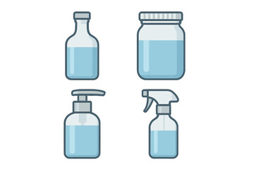 Various containers of blue liquid displayed on a neutral background in a clean and organized layout