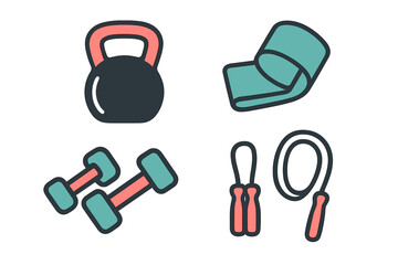 Fitness equipment for home workouts with weights and exercise tools in bold colors