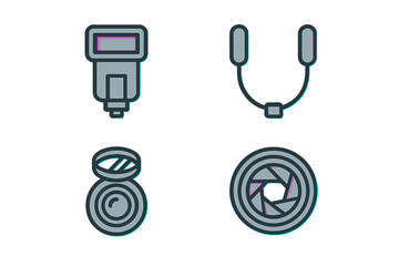 Camera accessories including flash, microphone, lens cap, and camera lens in a simple graphic design