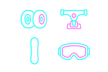 Fototapeta premium Colorful skateboarding gear including wheels, trucks, grip tape, and goggles in vibrant design