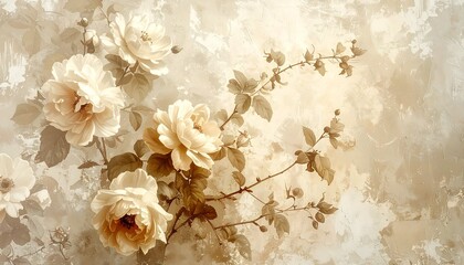 Vintage floral wallpaper in beige tones, antique botanical style