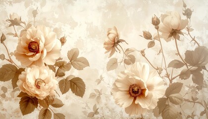 Vintage floral wallpaper in beige tones, antique botanical style