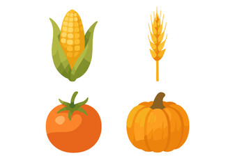Colorful harvest of vegetables and grains including corn, wheat, tomato, and pumpkin displayed on a simple background