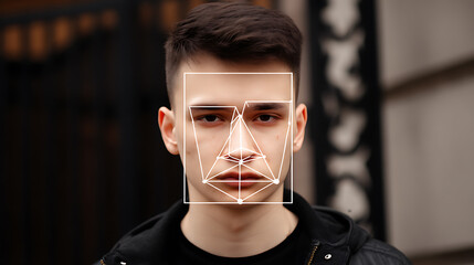 Young man with facial recognition overlay on his face, demonstrating biometric scanning technology