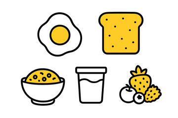 Breakfast items including eggs, toast, yogurt, juice, and fruits arranged in a colorful illustration