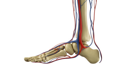 Detailed anatomical view of human foot bones and vasculature isolated on a transparent background anatomy
