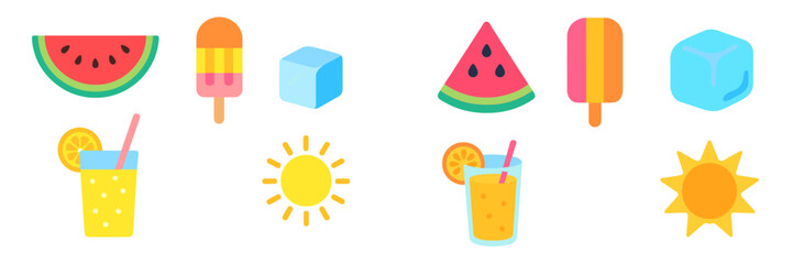 Bright and colorful summer treats featuring watermelon, popsicles, ice cubes, and refreshing drinks in a sunny setting