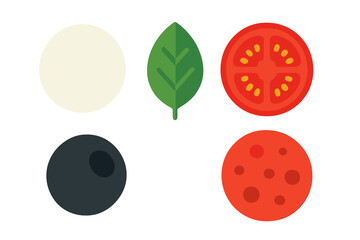 Colorful pizza toppings arranged in a flat lay style showcasing fresh ingredients for a delicious pie