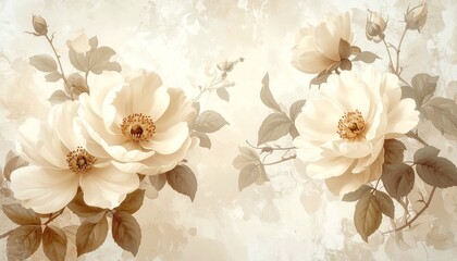 Vintage floral wallpaper in beige tones, antique botanical style