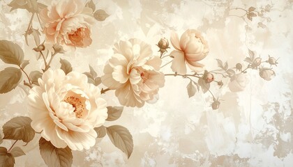 Vintage floral wallpaper in beige tones, antique botanical style