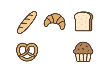 Different types of baked goods including bread, croissant, pretzel, and muffin on white background