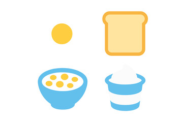 Breakfast table with eggs, toast, yogurt, and bowl of cereal ready for a morning meal