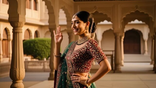 Young beautiful indian woman in lehenga choli standing at royal palace 