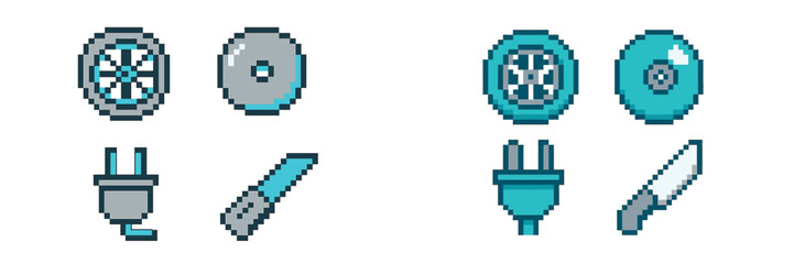 Pixel art display of various mechanical tools and components in a simple digital format