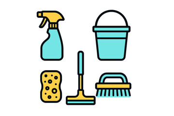 Cleaning supplies arranged neatly on a white background showcasing essential tools for household chores