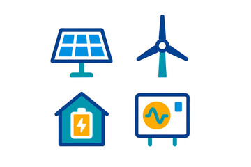 Renewable energy symbols showing solar panels, wind turbines, battery, and energy monitoring system in bright colors