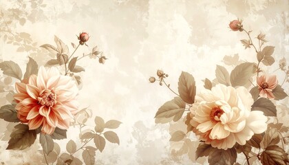 Vintage floral wallpaper in beige tones, antique botanical style