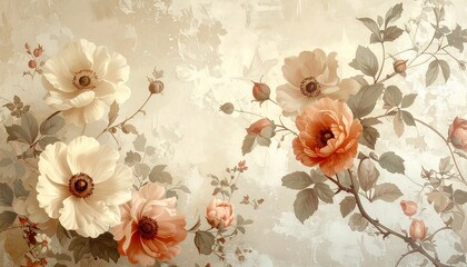 Vintage floral wallpaper in beige tones, antique botanical style