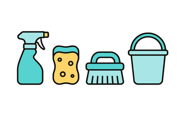 Essential cleaning supplies with spray bottle, sponge, brush, and bucket for home organization and maintenance