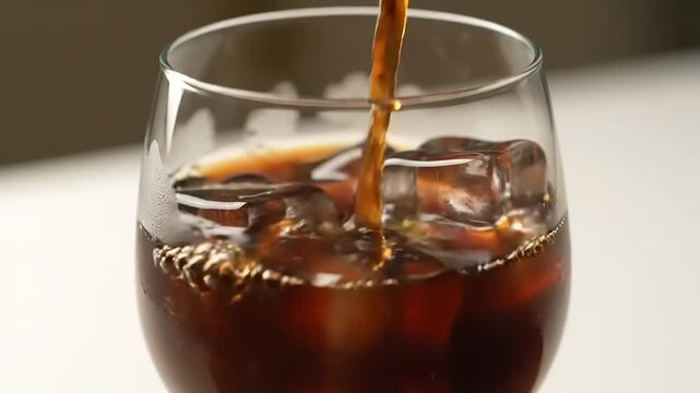 Smooth stream of freshly brewed dark liquid cascades over a bed of sparkling ice cubes in a clear glass, creating a delightful and refreshing beverage