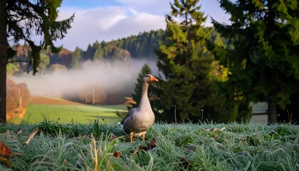 Goose stands on frost-covered grass, misty hills and bright evergreen trees behind