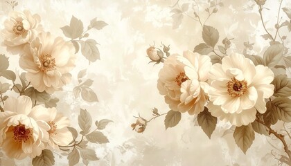 Vintage floral wallpaper in beige tones, antique botanical style